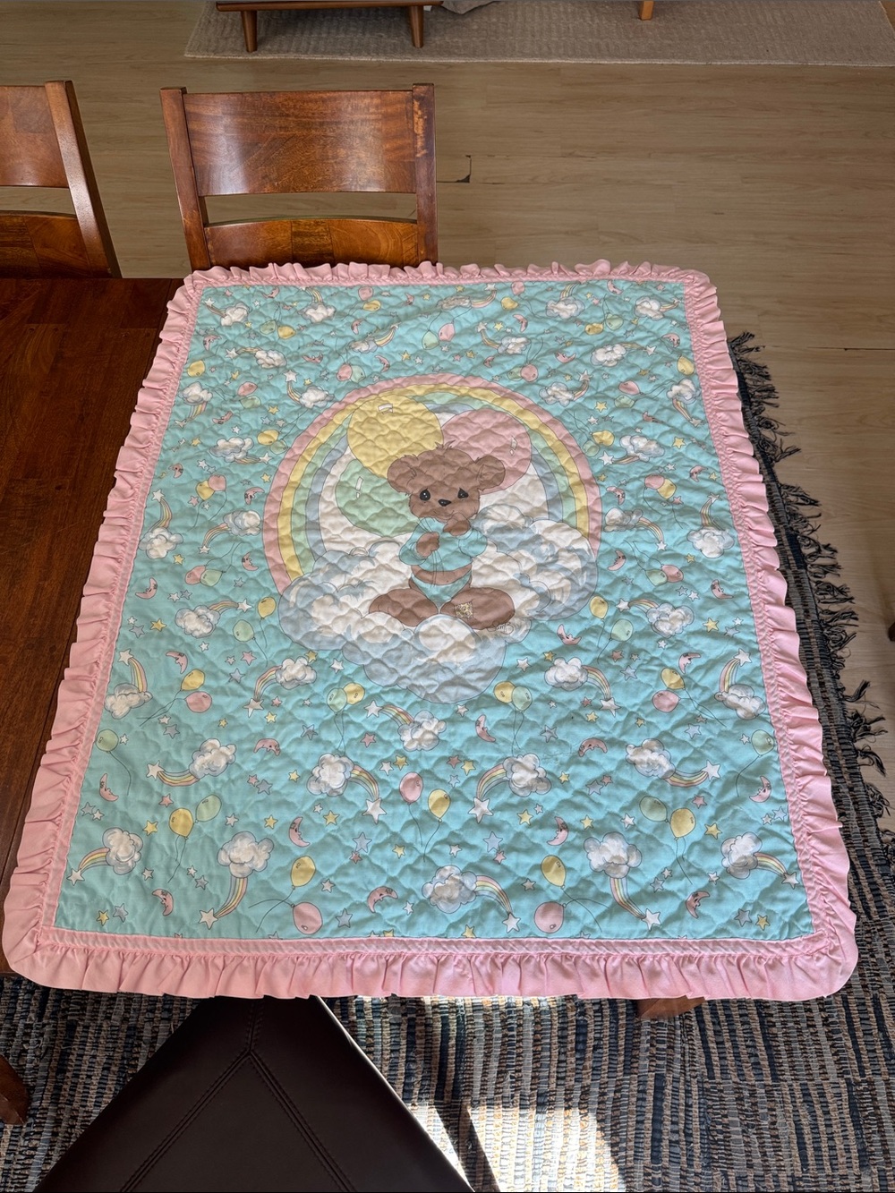 Vintage Previous Moments Baby Blanket Quilt w/ Ruffle Edges approx 45inX37inches